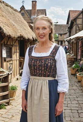 wearing a medieval peasant's dress with a linen apron, standing in a rustic village square with wooden cottages and market stalls