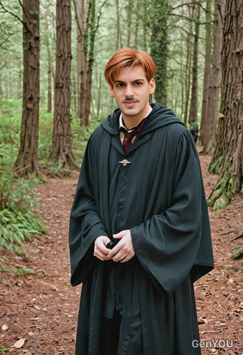 as Ron Weasley, red-haired, wearing dark Hogwarts robes, in the Forbidden Forest