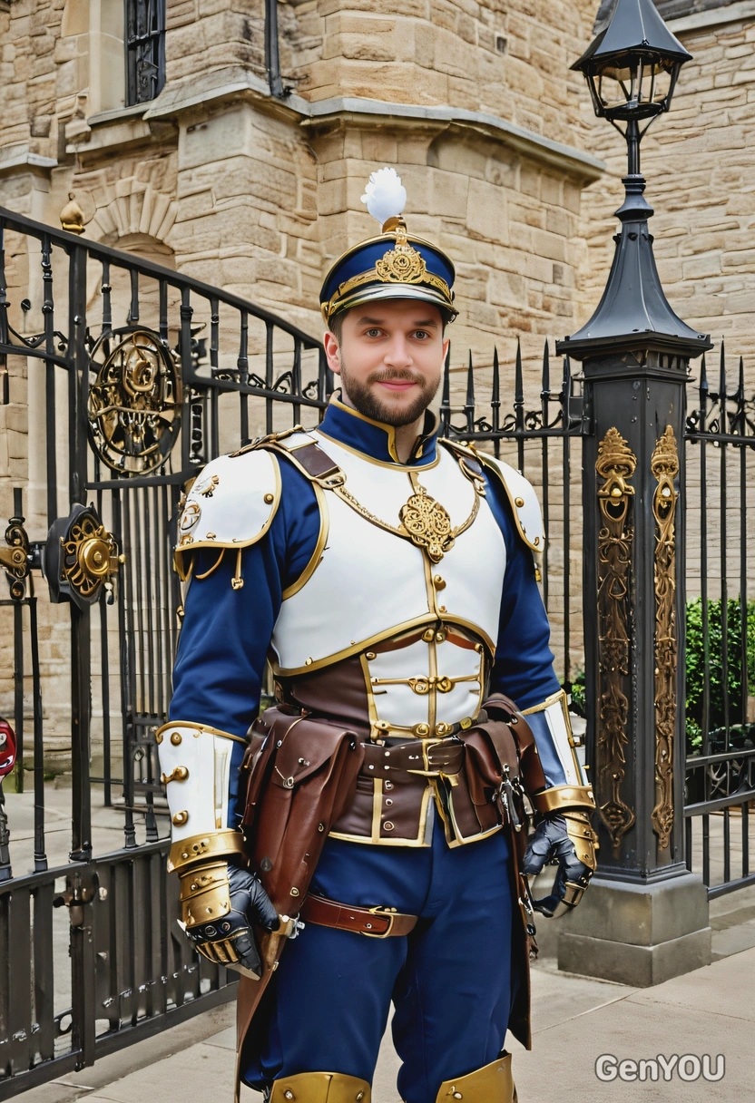 as a Steampunk royal guard, in a military uniform with brass gauntlets and clockwork armor, standing before the gates of a mechanical castle