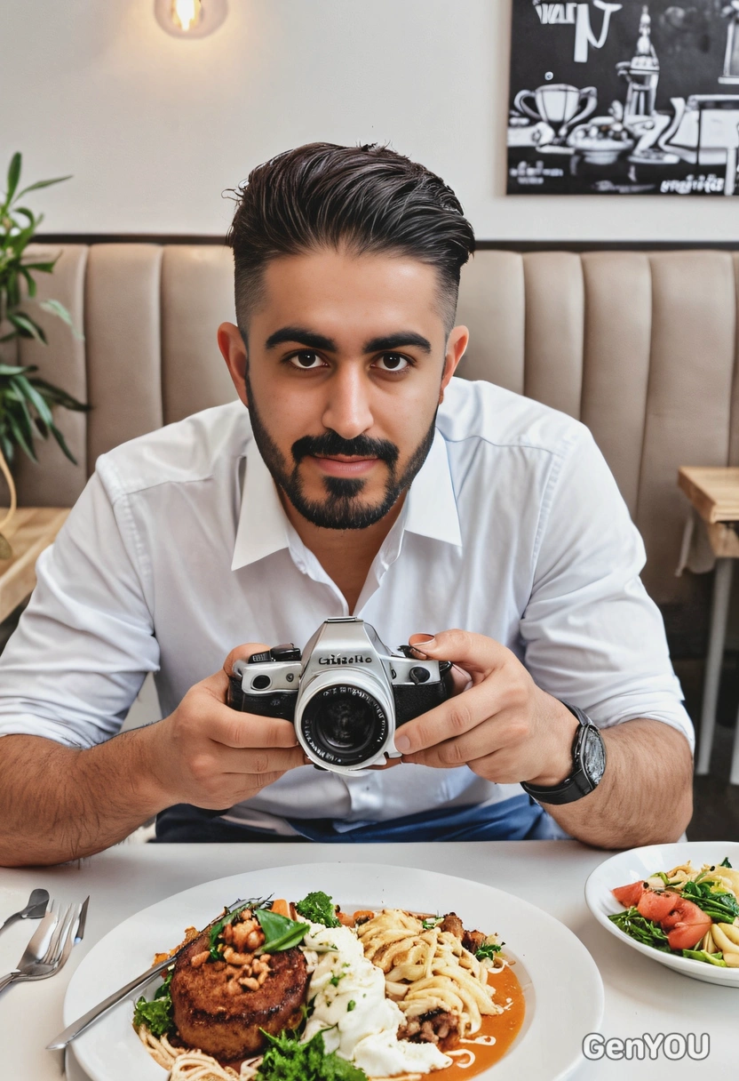 a food blogger capturing a photo of the meal at a trendy café, white colors