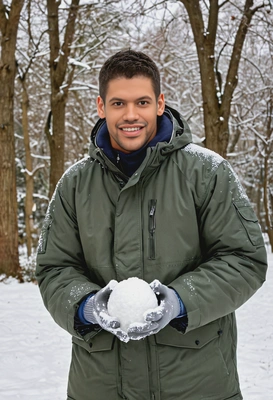 smiling, in a parka and snow pants, holding a snowball in a wintery park