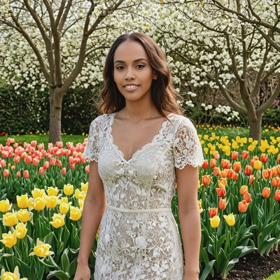 in a soft lace dress, standing in a garden filled with tulips and daffodils, with a gentle smile as the wind catches her hair