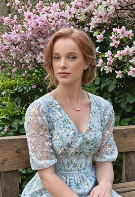 in a soft pastel dress, sitting on a rustic wooden bench, surrounded by a garden of blooming magnolias and lilacs, with the scent of spring flowers in the air, half body portrait 