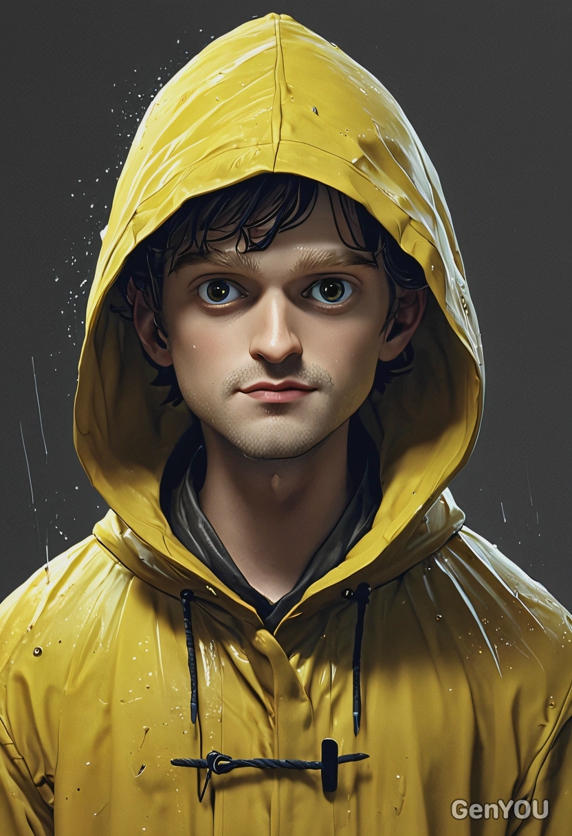 as a little nightmares character, yellow raincoat, high-quality stylized art, eyes on you, visible brushstrokes 