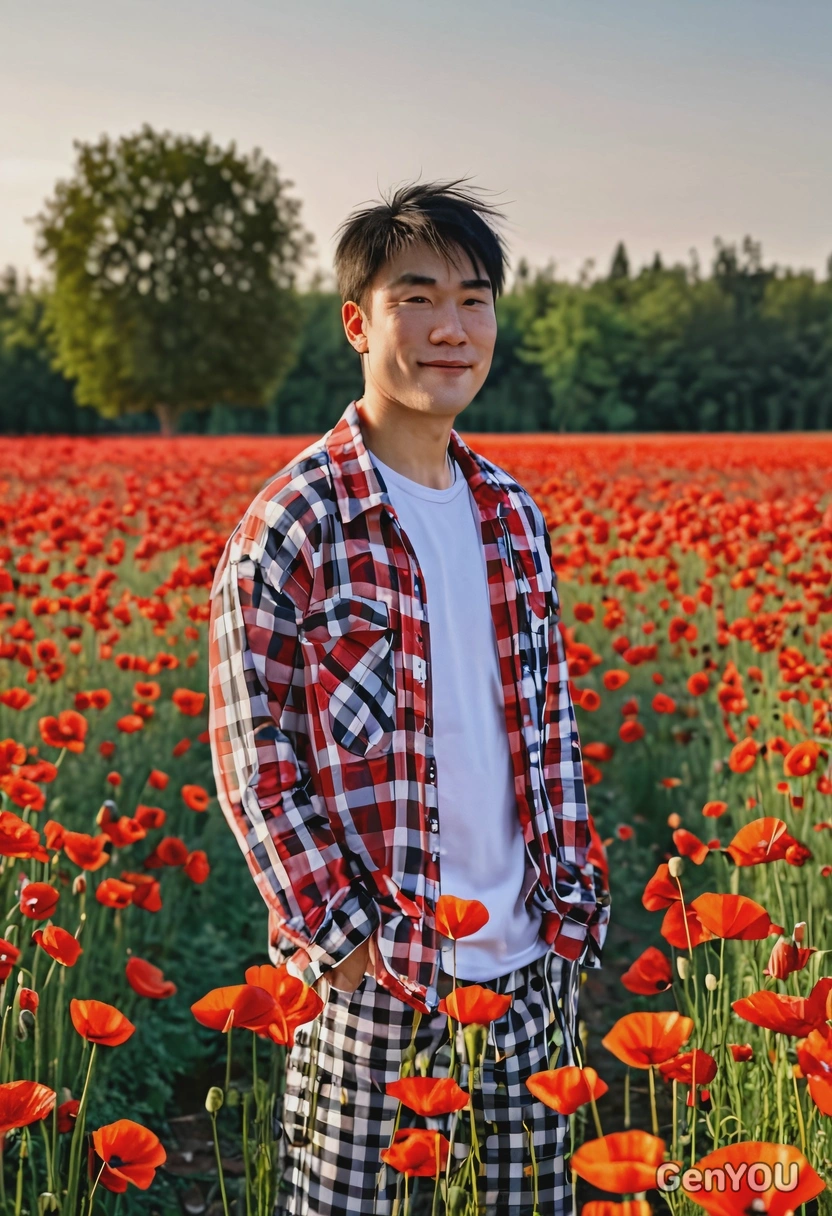 stands in a vibrant poppy field under a clear sky, wearing oversized checkered outfit and a graphic T-shirt, with hands in his pockets, sunset lights