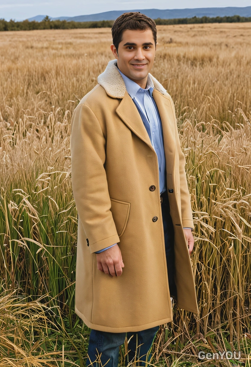 standing in a field of tall golden grass, with a wool coat