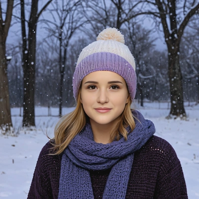 in a beanie under gently falling snow at twilight