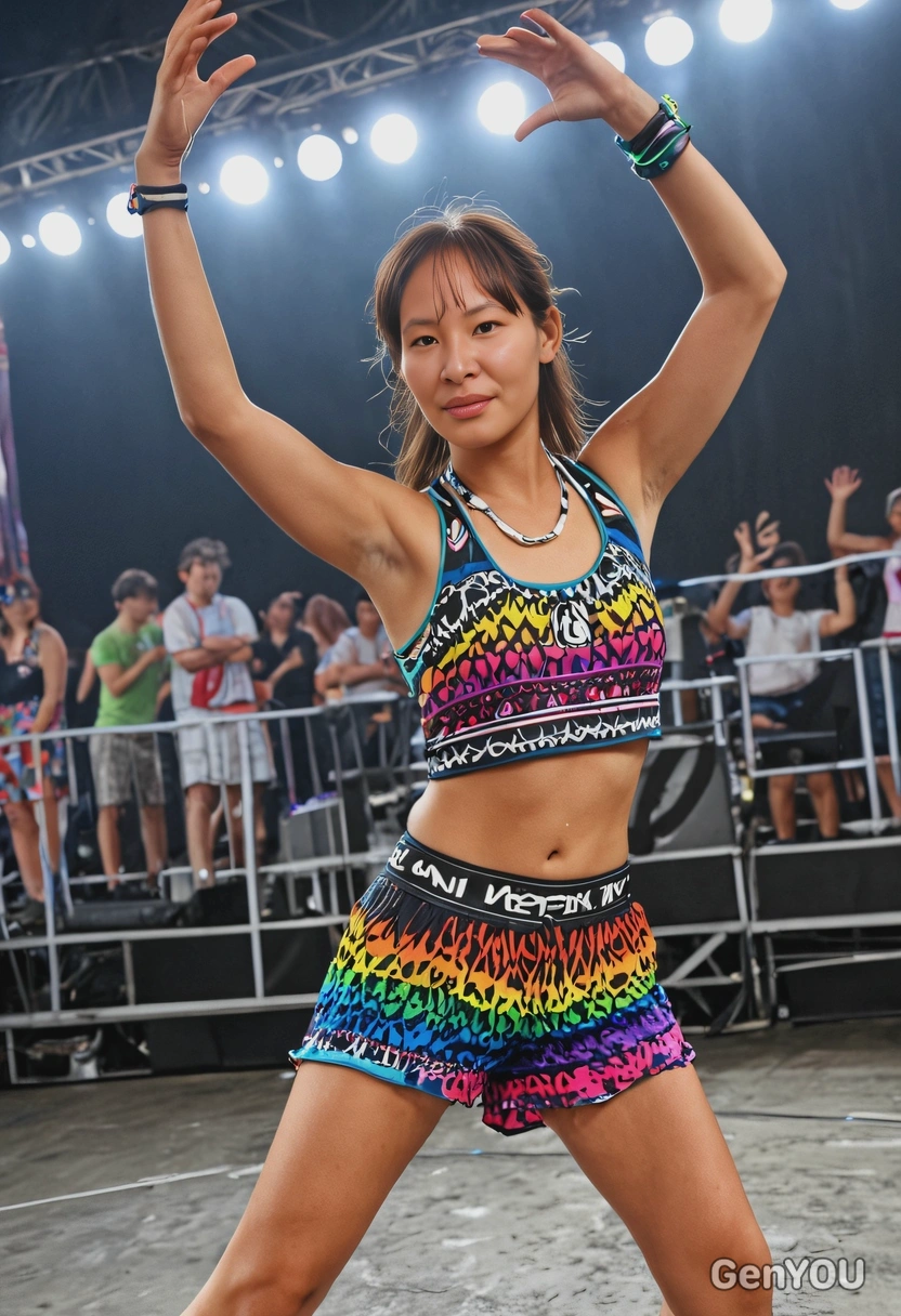 in colorful festival gear dancing at a summer music event, with the stage lights in the background