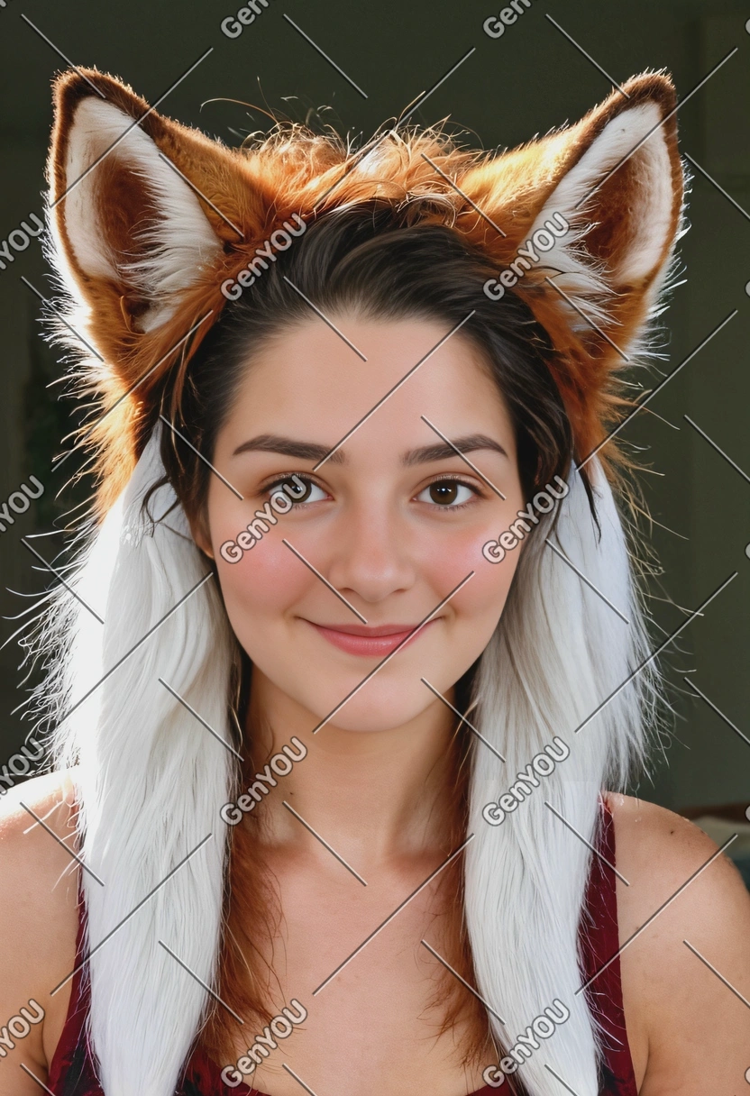 with animalistic fox features, adorned with fur, whiskers, fox ears and tail