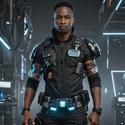 A futuristic cyberpunk paramedic with glowing equipment