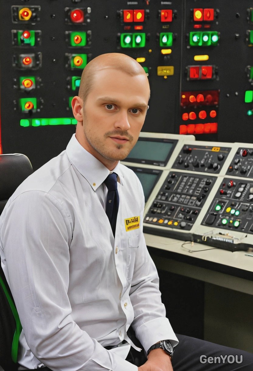 as a technician, in white shirt, face entirely painted yellow, bald head, sitting on office chair in front of a very big control panel, red and green lights, nuclear power station