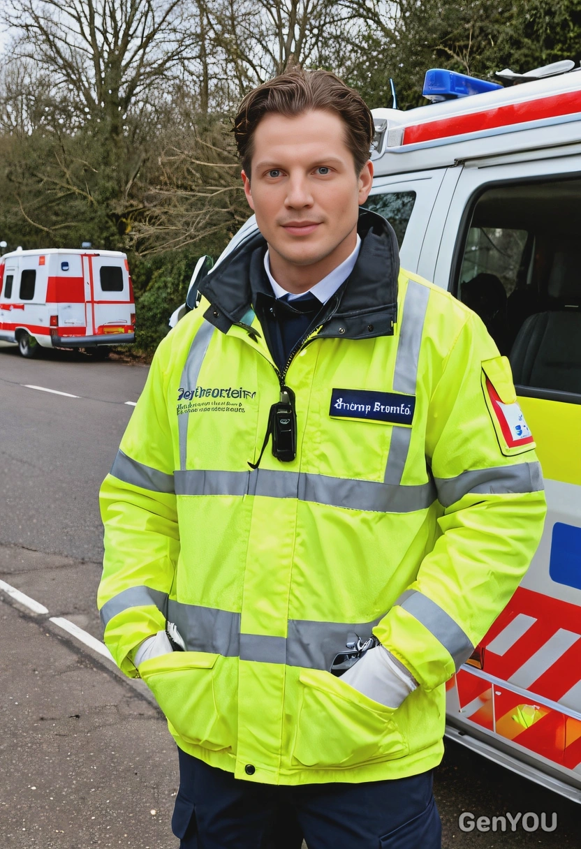 as a paramedic in a bright yellow jacket and medical gloves, standing next to an ambulance 