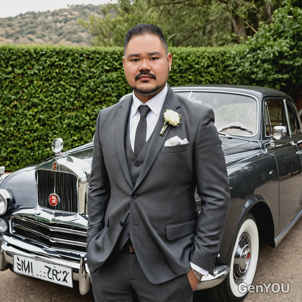 As a groom in a charcoal grey three-piece suit, posing next to a vintage car at a classic Hollywood-style wedding