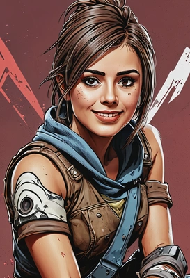 as a Borderlands character sitting, high-quality stylized art, eyes on you, smiling, visible brushstrokes 