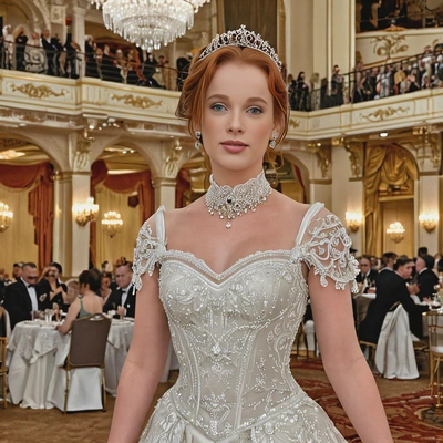 wearing a Belle Époque ball gown with elaborate lace and beadwork, standing in a lavish ballroom
