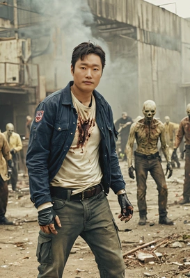 fighting surrounded by zombies, abandoned factory, yellowish colors, high-quality cinematographic style, blurred background