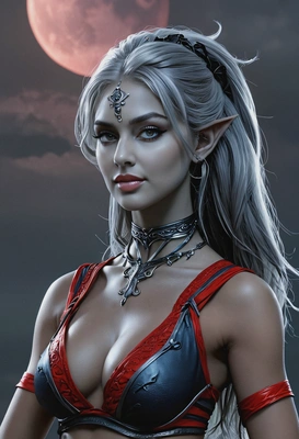 profile pic for sexy posing Shillien a blackface drow goddess from the Lineage 2, red moon, cloudy, dim and smoky night, cinematic dark mood, 25y redhead, natural lighting, blue-gray face and body skin color