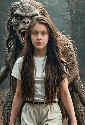 long hair pretty and scared being chased by a demogorgon from the show Stranger Things