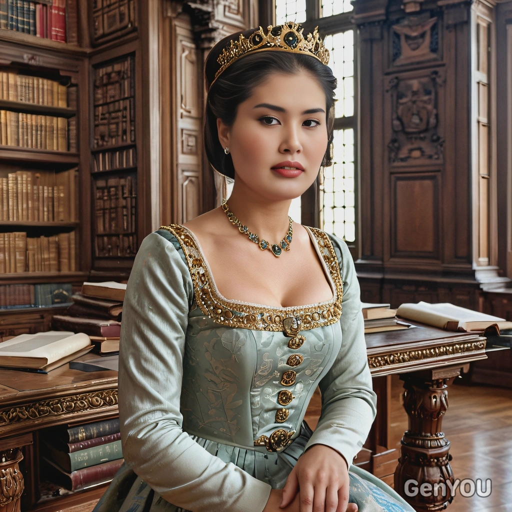 as a royal queen, seated in a grand library filled with ancient books and fine woodwork, half body portrait 