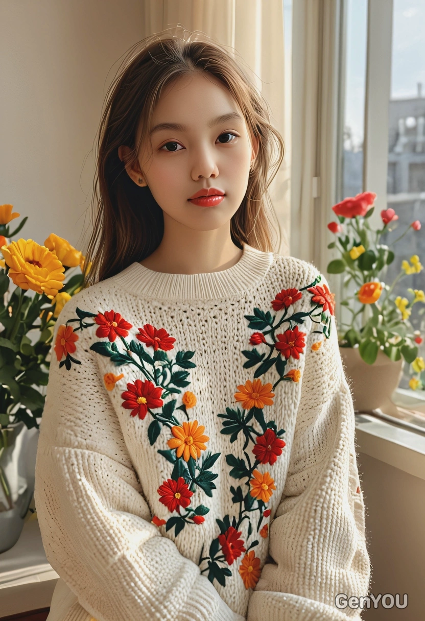 iPhone camera quality, sharp skin texture details, realistic textured face skin, wearing oversized sweater with chunky flowers embroidery, romantic pose, blurry contemporary living room interior background, morning sun rays from the window