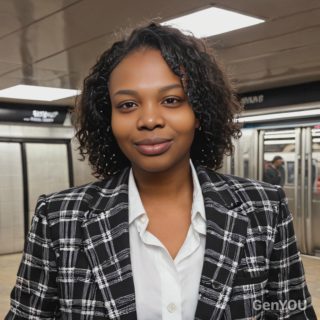 close-up, in a checkered blazer, wearing subtle makeup, at a newly opened subway station