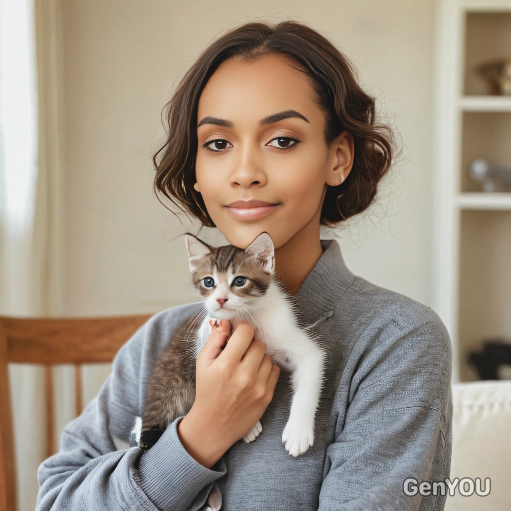  holding a small kitten at home, soft focus, blurred background 