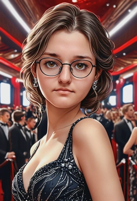 as a glamorous movie star, red carpet, fantastic dress, eyes on you, eye lenses, big round eyes, high-quality stylized art, cartoonish style, visible brushstrokes