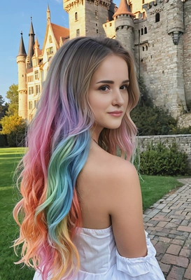 long, flowing hair dyed in pastel rainbow ombré, styled with subtle waves, against a fairytale castle backdrop