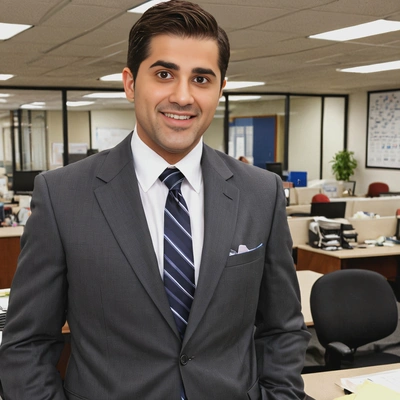 as Michael Scott (from The Office), in a suit and tie, in a mundane office setting 