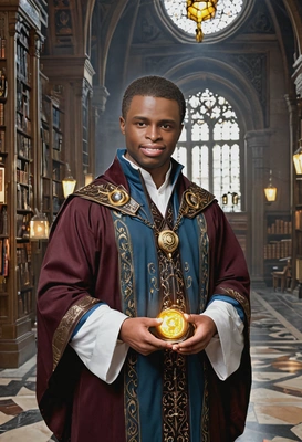 as Gale from Baldur's Gate 3, dressed in his ornate wizard robes with a glowing amulet, standing in a grand library surrounded by floating magical tomes