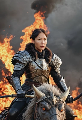 as a warlord, armor, fur coat, riding on a dragon, fire burning on background, symmetrical details, video game style, blurred background