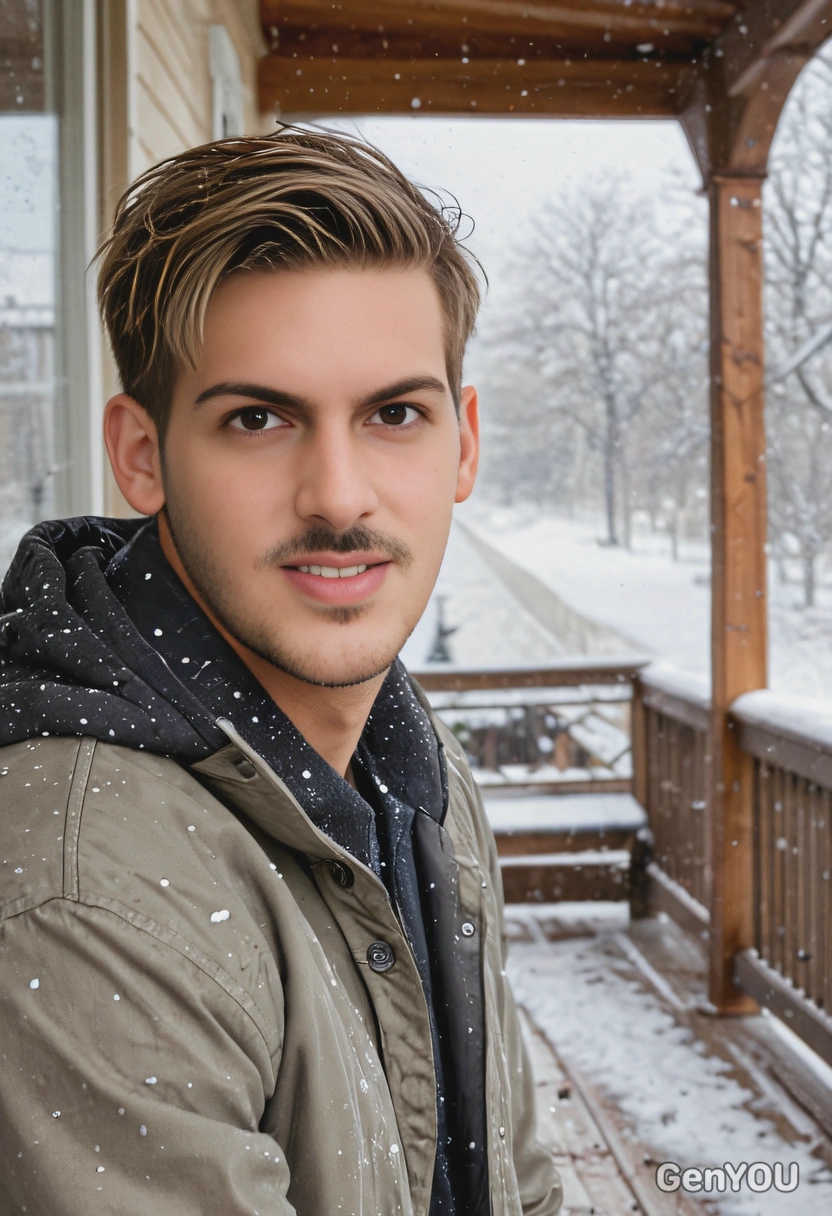 on a porch with morning snowfall, looking at viewer, soft focus background 