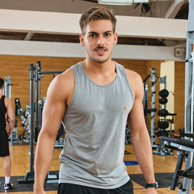 mid-shot, with a crew cut, in an athleisure tank top and shorts, at a community gym