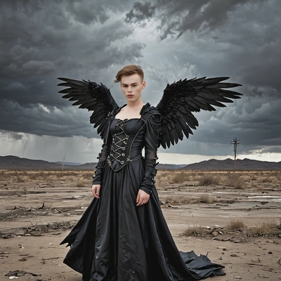 Dressed as a fallen angel, in dark tattered wings and a black gown, pose dramatically in a desolate wasteland with stormy skies