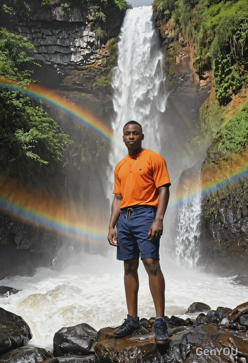 standing at the base of a waterfall, rainbow