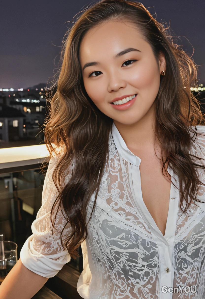 close-up, smiling, with long waves, wearing a buttoned-up sheer blouse, at an upscale rooftop bar