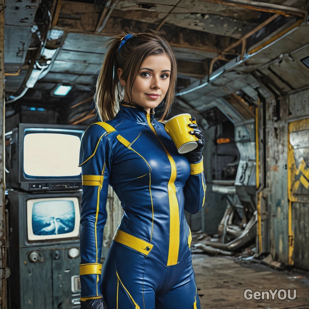 as a cosplayer of post nuclear game, cyberpunk, blue tight leather suit with thin yellow lines, inside a futuristic underground shelter, holding a coffee mug, a big old TV is on, looking straight at camera, a shabby rusty aircraft carrier on horizon, bright evening, sun, vivid colors, high-quality cinematographic style