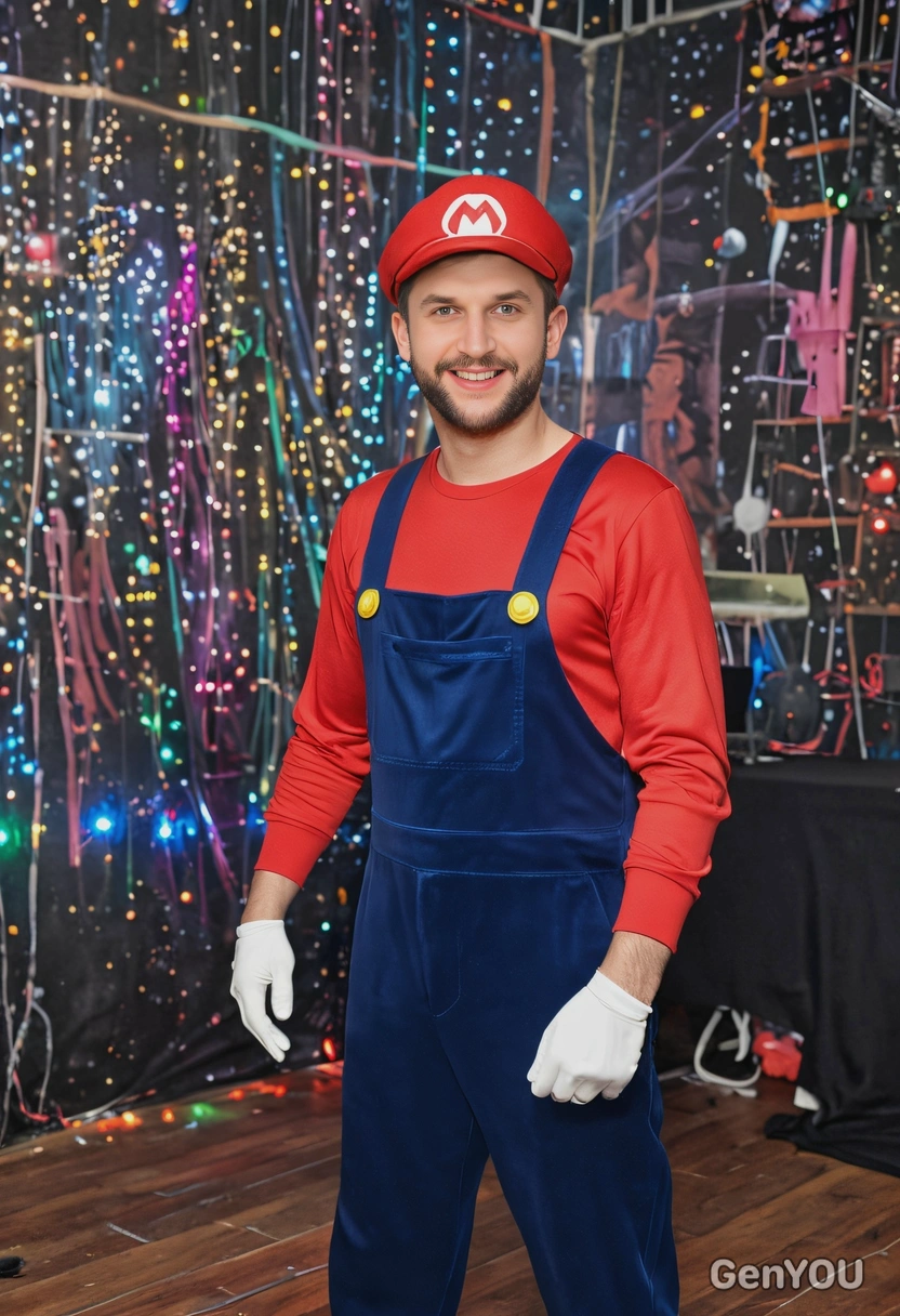 in a Mario costume at a party, background with disco lights