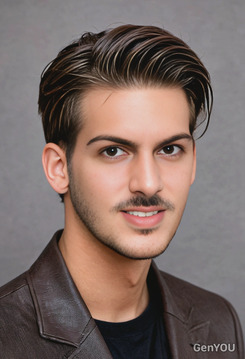 longer, slicked-back hair with a natural dark brown finish, soft focus, blurred background