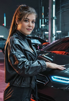 by a cyberpunk car, oversized clothes, glowing hand, blurred background