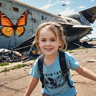 as a child, in torn dirty clothes, smiling, trying to catch a butterfly, before a rusty bomber, abandoned airport behind, cyberpunk