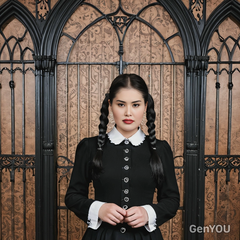 dressed as Wednesday Addams from The Addams Family, standing in front of a gothic backdrop