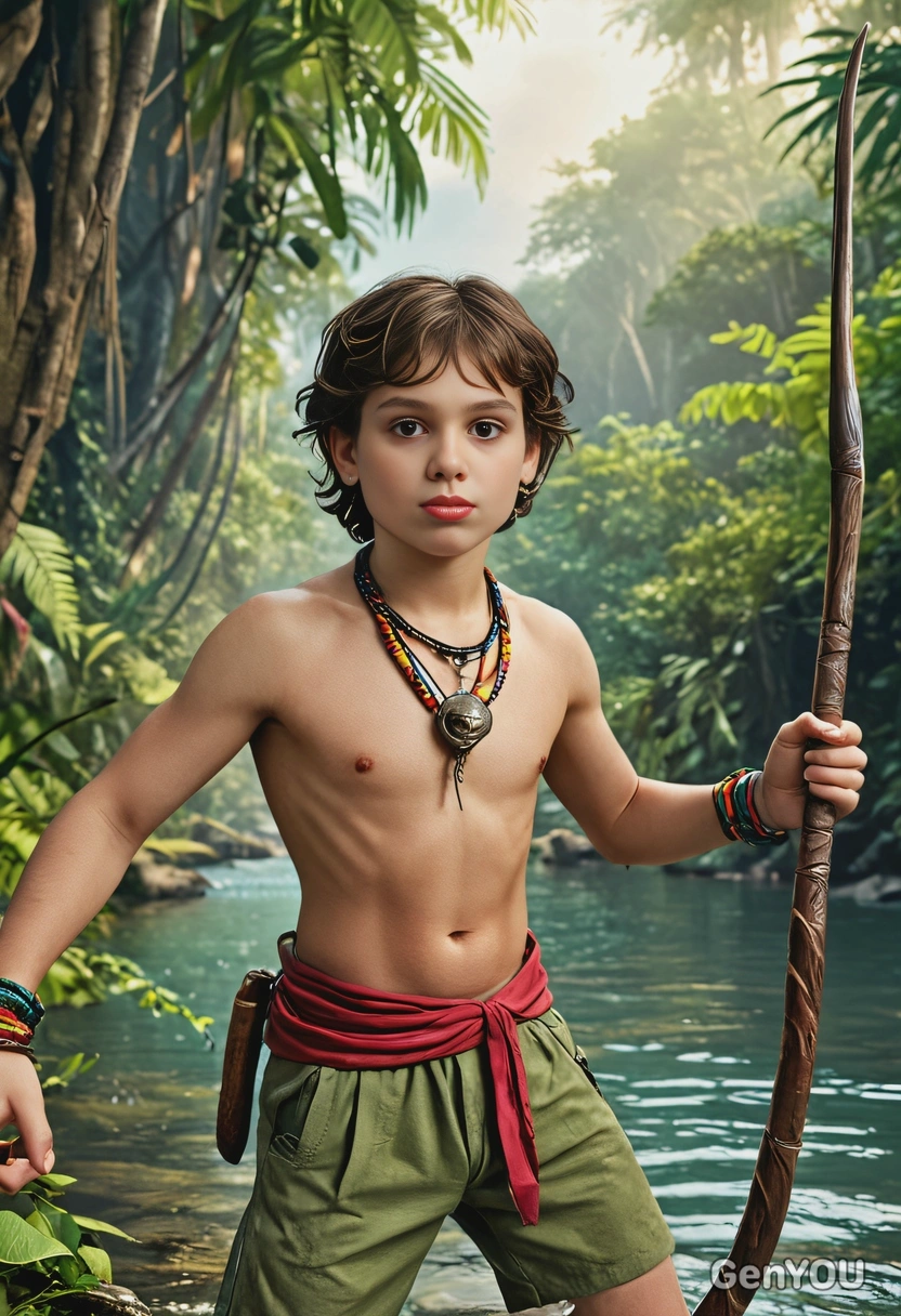 as Mowgli, in the jungle, river behind, with spear in hand, tooth necklace, close-up shot, eyes on center, vivid colors, symmetrical clothing details, 3D video game style, high-quality stylized art