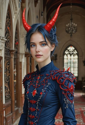 I am a slender, short demon with red horns, wavy dark blue hair, and pale skin. I am standing in a gothic hall, wearing a beautiful, unusual red fantasy costume embroidered with precious stones.