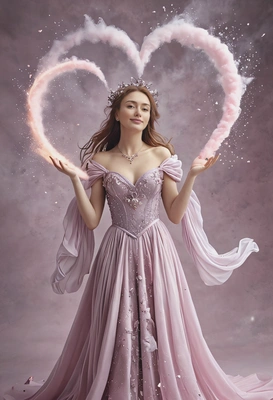 high-quality fashion photoshoot for Valentine's Day, woman dressed as a mysterious fantasy goddess of love casting a heart-shaped spell, mythic flowing ethereal gown, magic cloudy surroundings, glittering dust swirling in the air, pastel colors