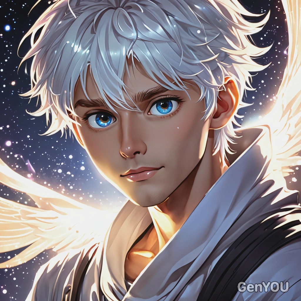A magical boy, surrounded by glowing light, in anime style, big eyes, manga drawing