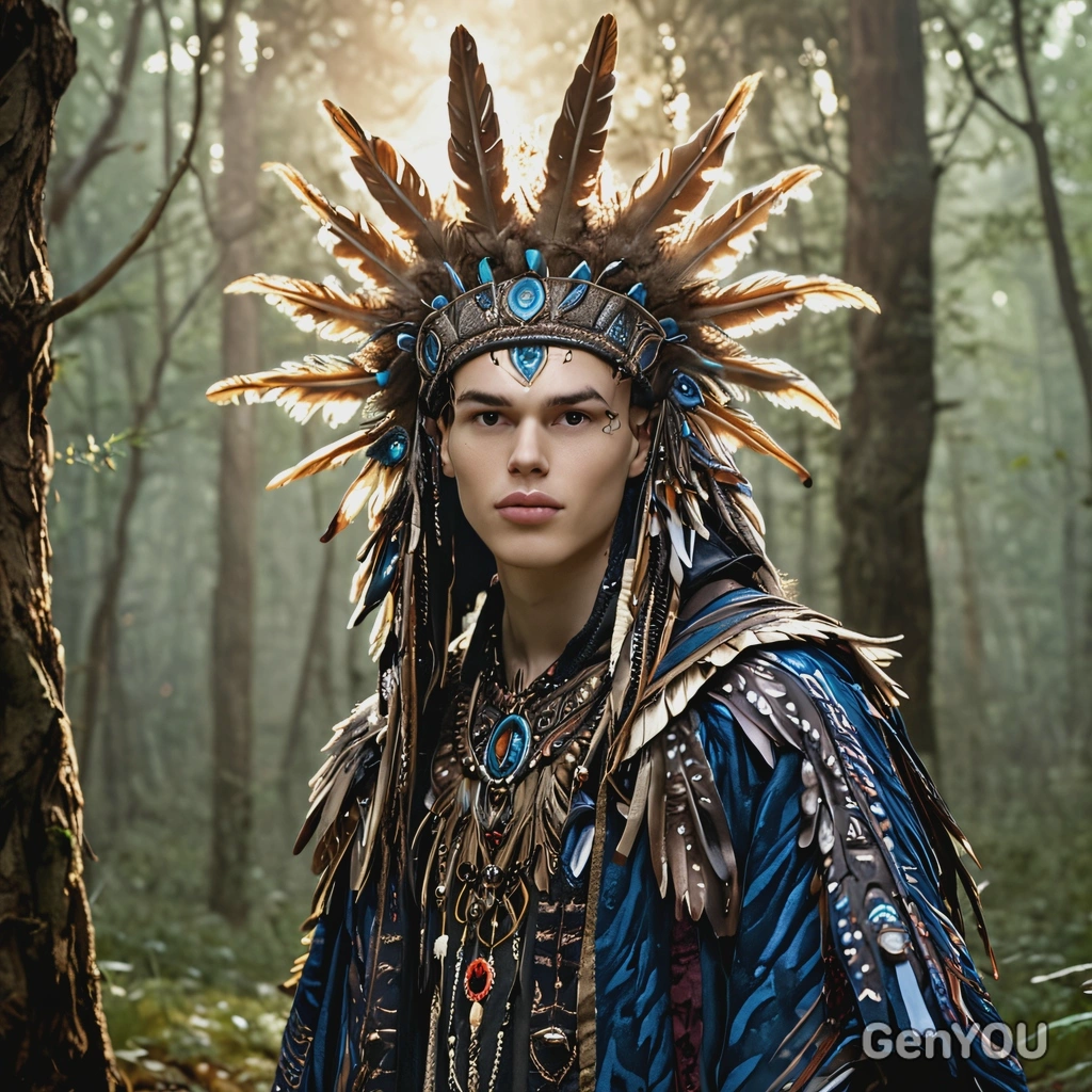 Wearing a feathered headdress and an ornate cloak, pose as a shaman summoning animal spirits in a sacred forest filled with glowing symbols