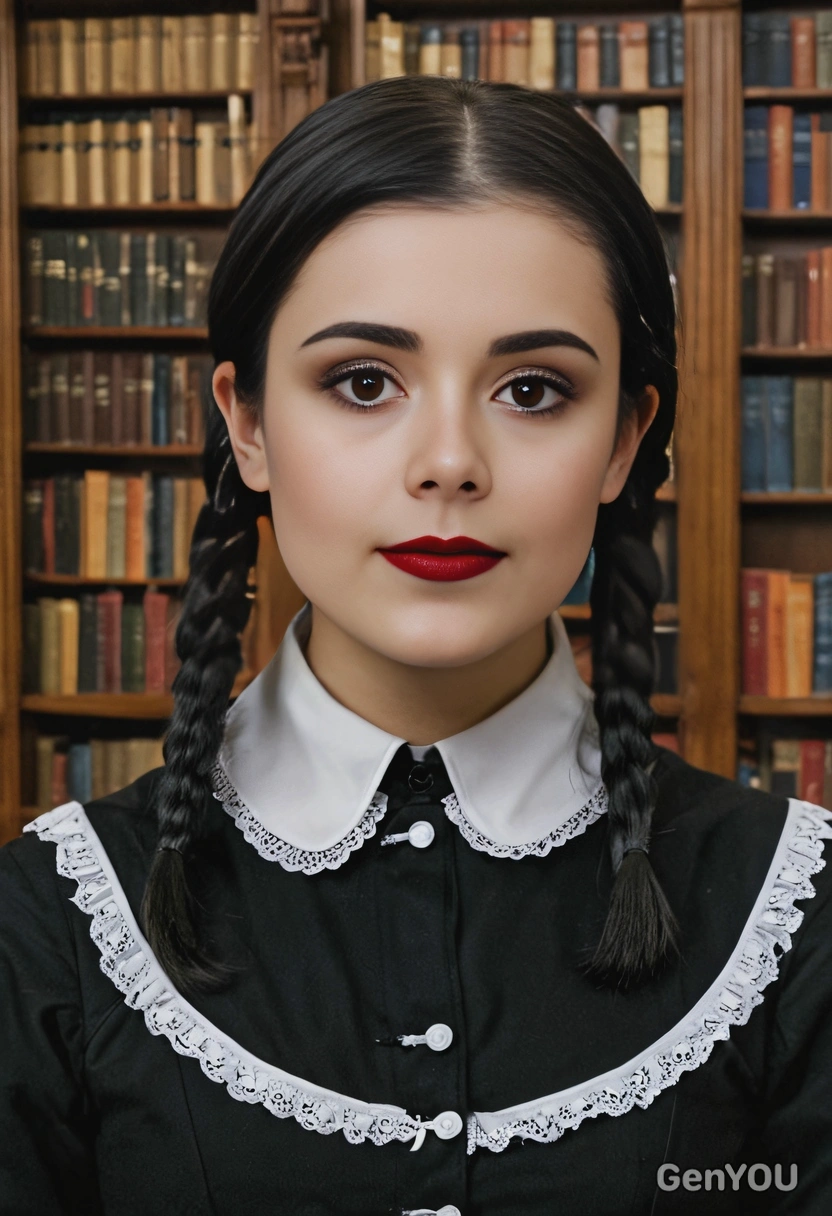 as Wednesday Addams in the dimly lit library of Addams Manor, her expression deadpan, mid-shot 