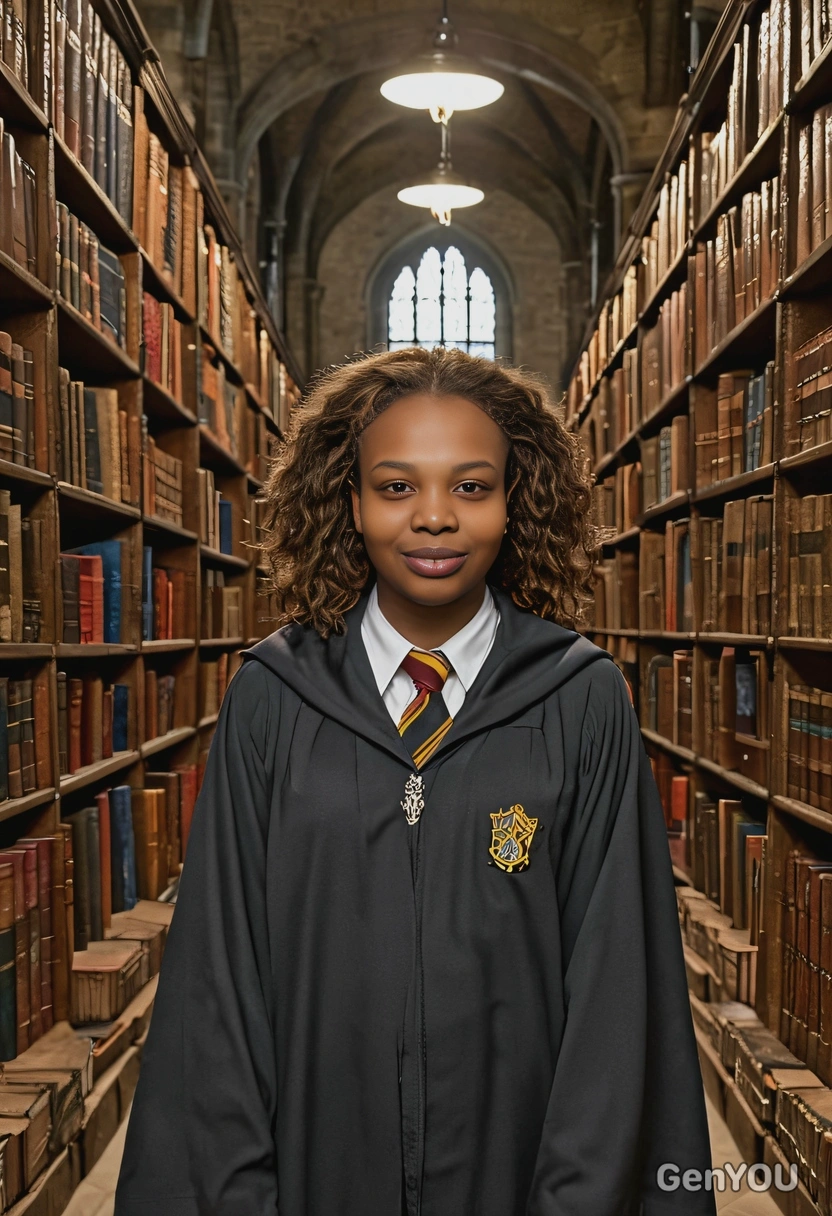 as Hermione Granger, her hair bushy and intelligent eyes focused, in the vast library of Hogwarts, surrounded by towering shelves of ancient books, in Hogwarts robes 