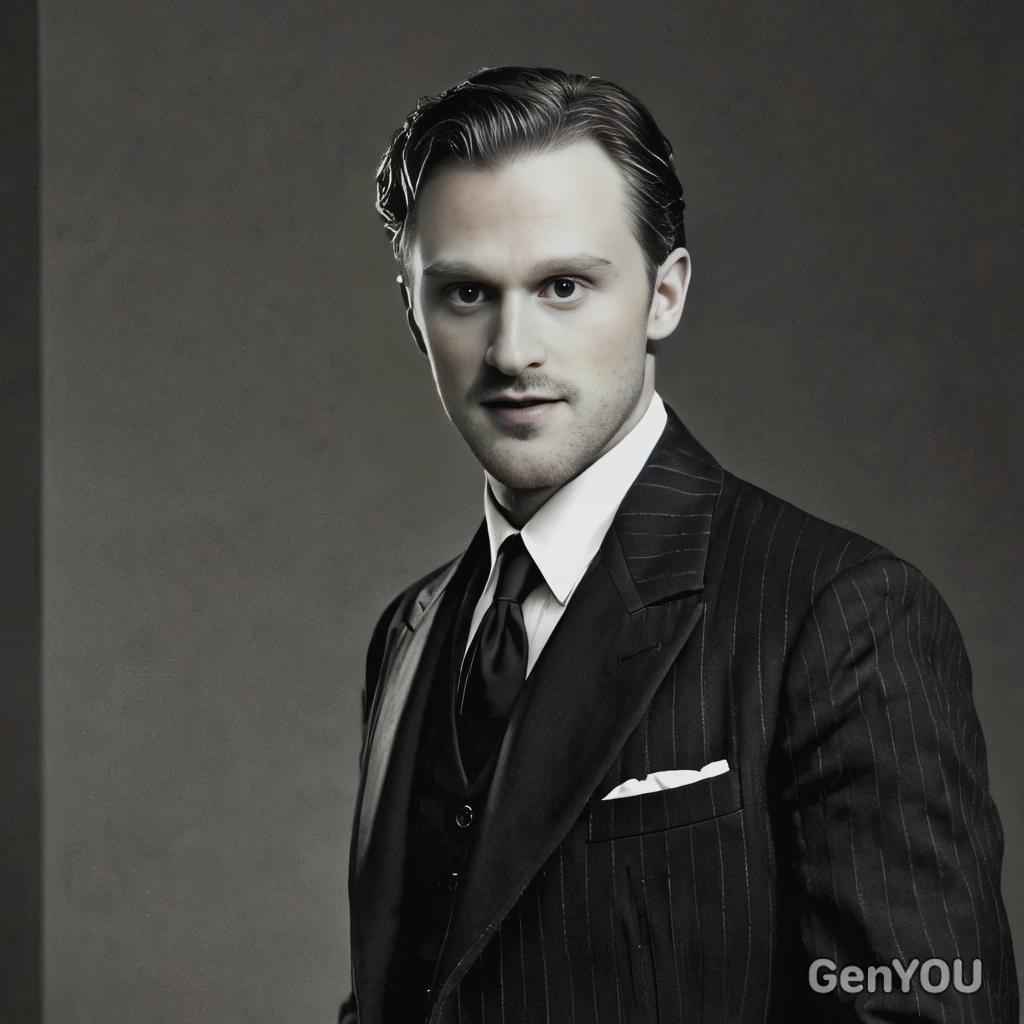 dressed as a 1930s film star, in black and white for a cinematic effect